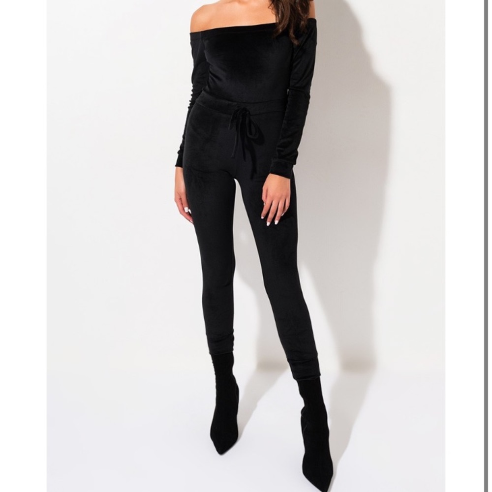 velour off-the-shoulder jumpsuit